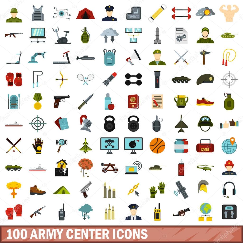 100 army center icons set, flat style