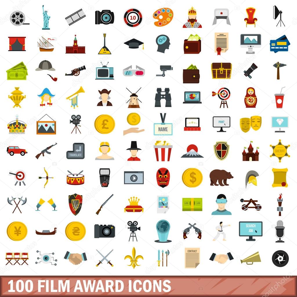 100 film award icons set, flat style