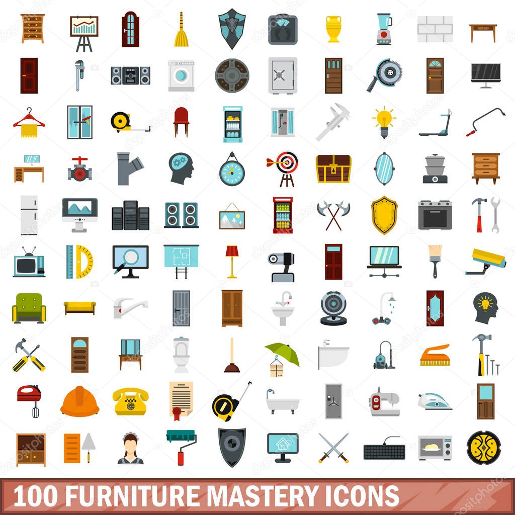 100 furniture mastery icons set, flat style