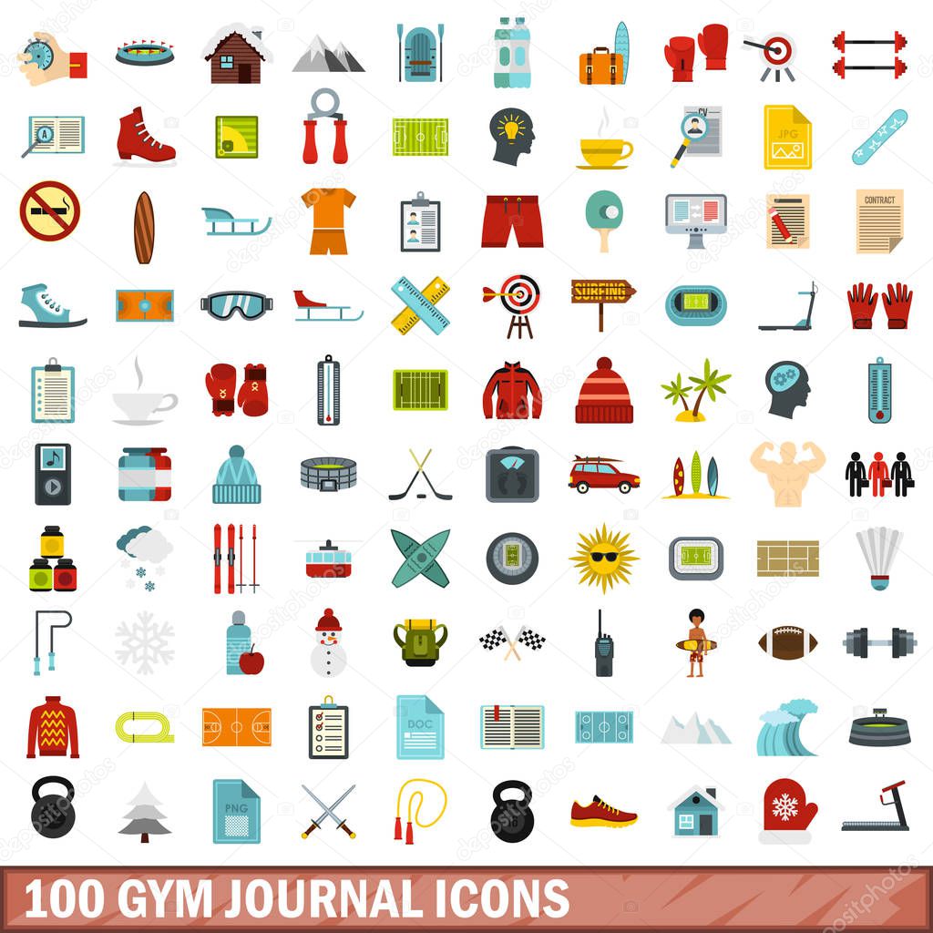 100 gym journal icons set, flat style