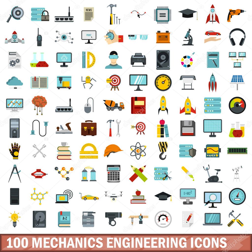 100 mechanics engineering icons set, flat style