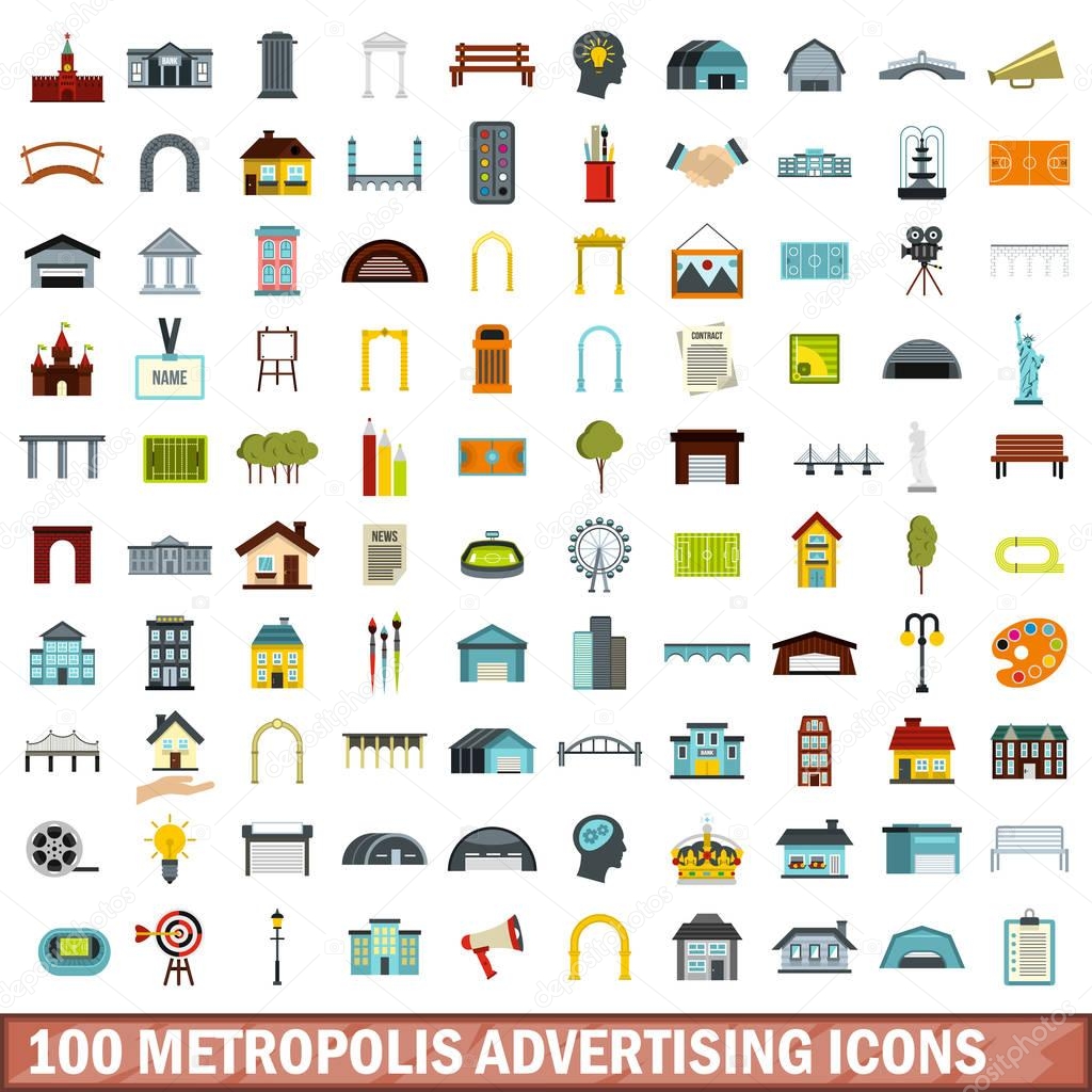 100 metropolis advertising icons set, flat style