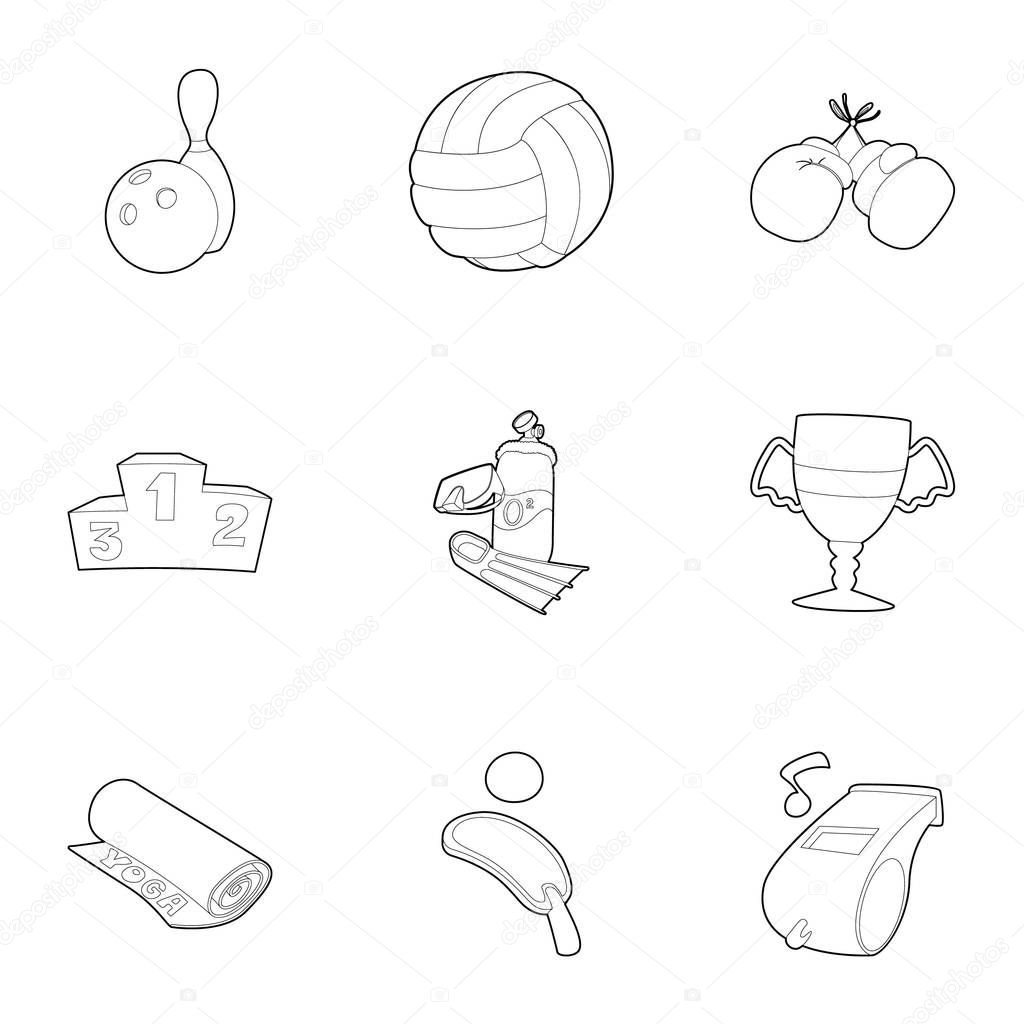 Sport things icons set, outline style