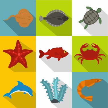 Okyanus yaşam simge seti, düz stil