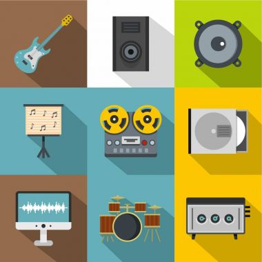 Müzik ekipmanları simge seti, düz stil