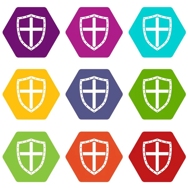 Escudo icono conjunto hexaedro color — Vector de stock