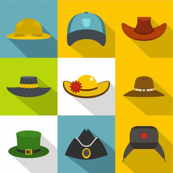 Ensemble d'icônes chapeau traditionnel, style plat — Image vectorielle
