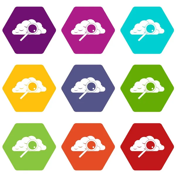 Nuvem com lupa ícone conjunto cor hexaedro — Vetor de Stock