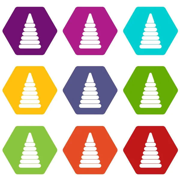 Pirámide construida a partir de anillos de plástico icono de color hexaedro — Vector de stock