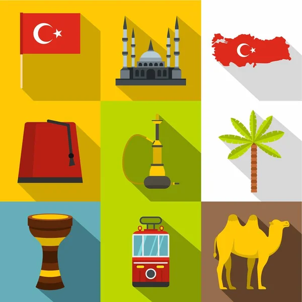 Turquía cosas icono conjunto, estilo plano — Vector de stock