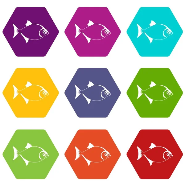 Conjunto de iconos de pescado hexaedro de color — Vector de stock