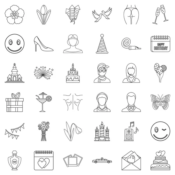 Conjunto de iconos de mujer feliz, estilo de esquema — Vector de stock