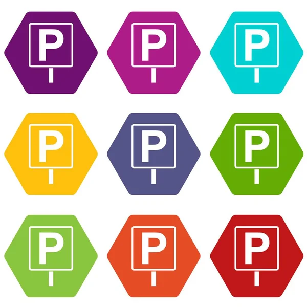 Señal de estacionamiento icono conjunto hexaedro color — Archivo Imágenes Vectoriales