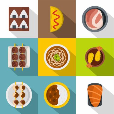 Japonya gıda simge seti, düz stil