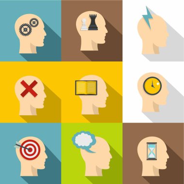 Kafa siluet dişli simge seti, düz stil ile