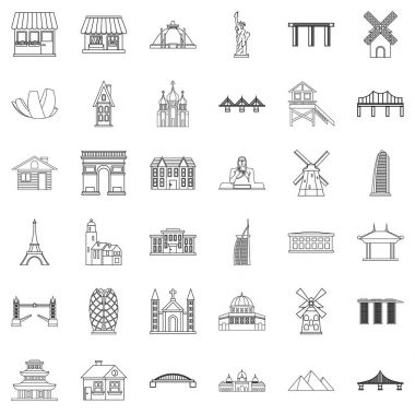 Turistik cazibe Icons set, anahat stili