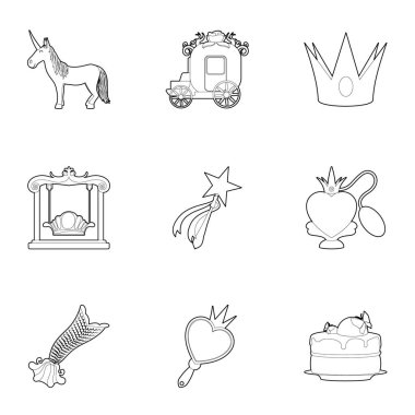 Küçük Prenses ekipman Icons set, anahat stili