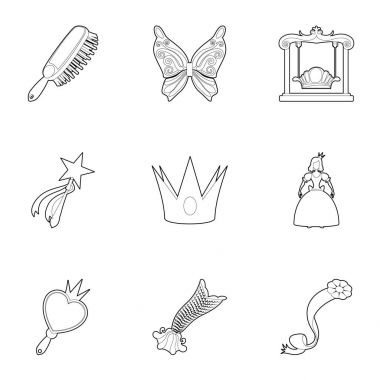 Küçük peri ekipman Icons set, anahat stili