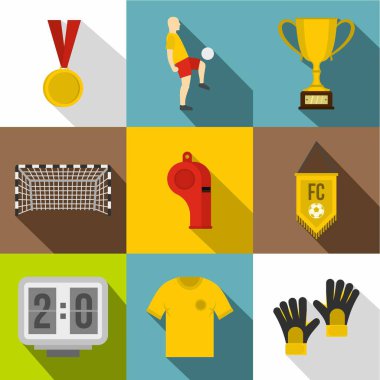 Futbol ekipmanları simge seti, düz stil