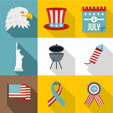 Dört Temmuz günü simge seti, düz stil