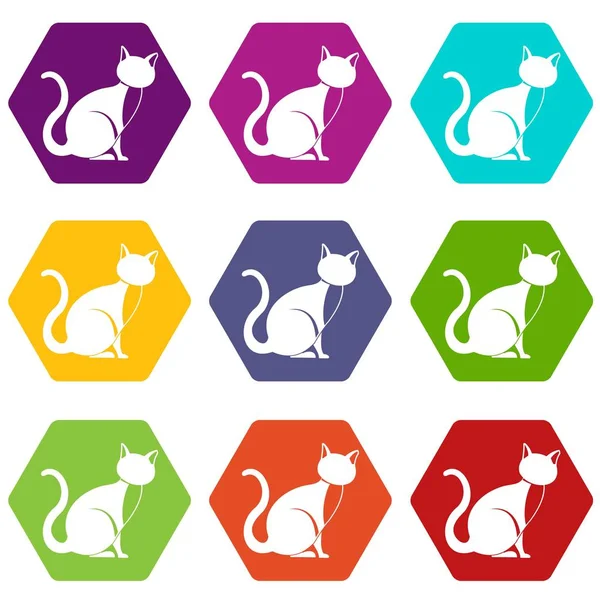 Renk altı yüzlü siyah kedi Icon set