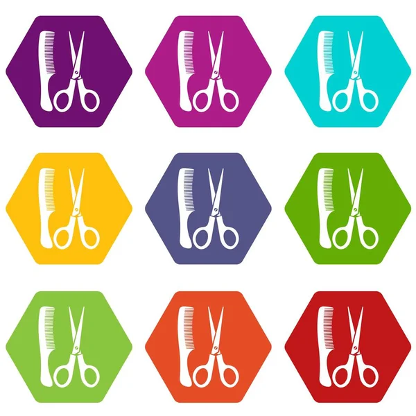 Renk altı yüzlü makas ve tarak Icon set