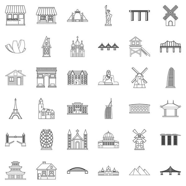 Turistik cazibe Icons set, anahat stili