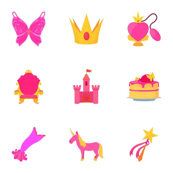 Piccolo set di icone dell'attrezzatura principessa, stile cartone animato — Vettoriale Stock