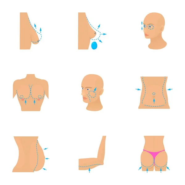 Corpo conjunto de ícones de cirurgia plástica, estilo cartoon — Vetor de Stock