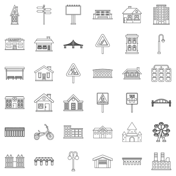 Ensemble d'icônes du centre-ville, style contour — Image vectorielle