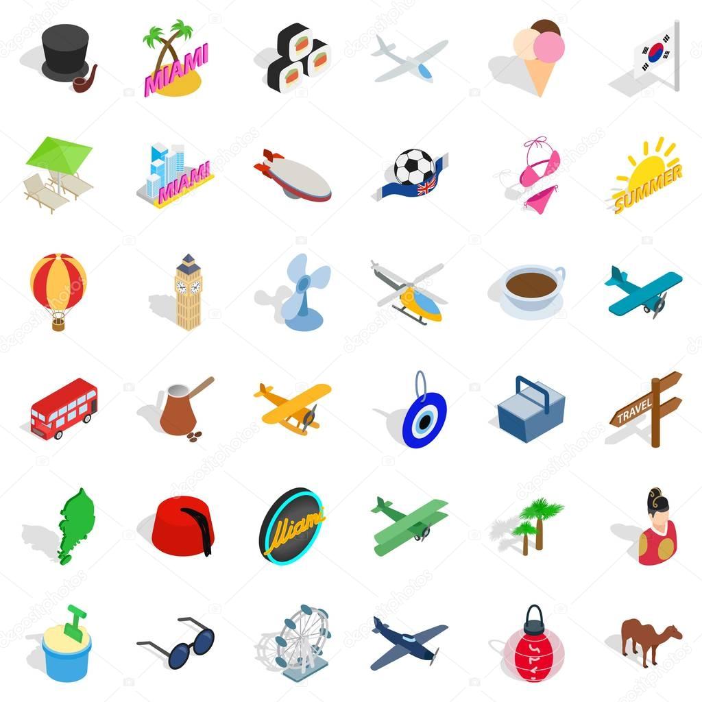 Travel icons set. Isometric style of 36 travel vector icons for web isolated on white background