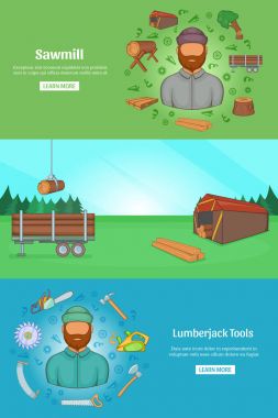 Sawmil ve kereste banner şablon, karikatür tarzı ayarla