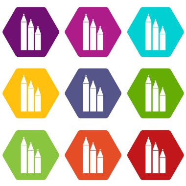 Üç kalem simgesi ayarla renk altı yüzlü