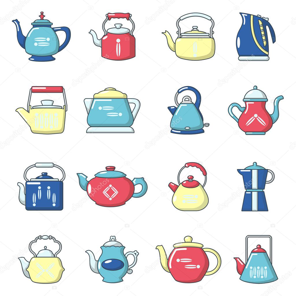 Teapot icons set, cartoon style
