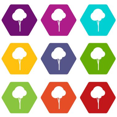 Renk altı yüzlü kabarık ağaç Icon set