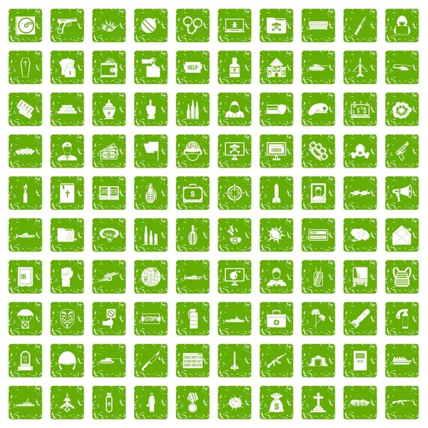 100 war icons set grunge green — Stock Vector