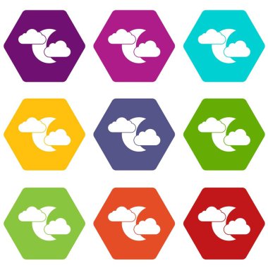 Renk altı yüzlü ay ve bulutlar Icon set
