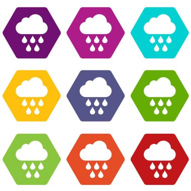 Simge kümesi renk altı yüzlü bulut ile yağmur damlaları