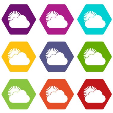 Renk altı yüzlü güneş ve bulut Icon set