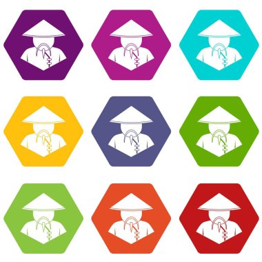 Renk altı yüzlü Asya adam koni şapka simgesi ayarla