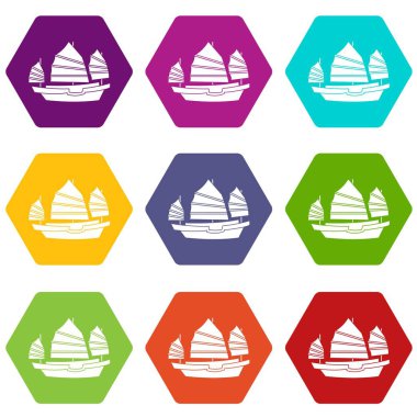 Renk altı yüzlü önemsiz tekne Icon set