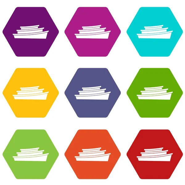 Conjunto de iconos de barco de madera color hexaedro — Archivo Imágenes Vectoriales