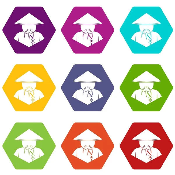 Renk altı yüzlü Asya adam koni şapka simgesi ayarla