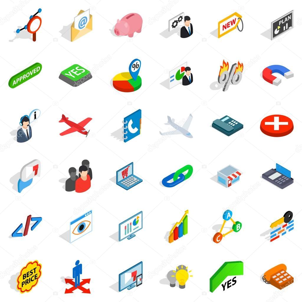 Trade icons set. Isometric style of 36 trade vector icons for web isolated on white background