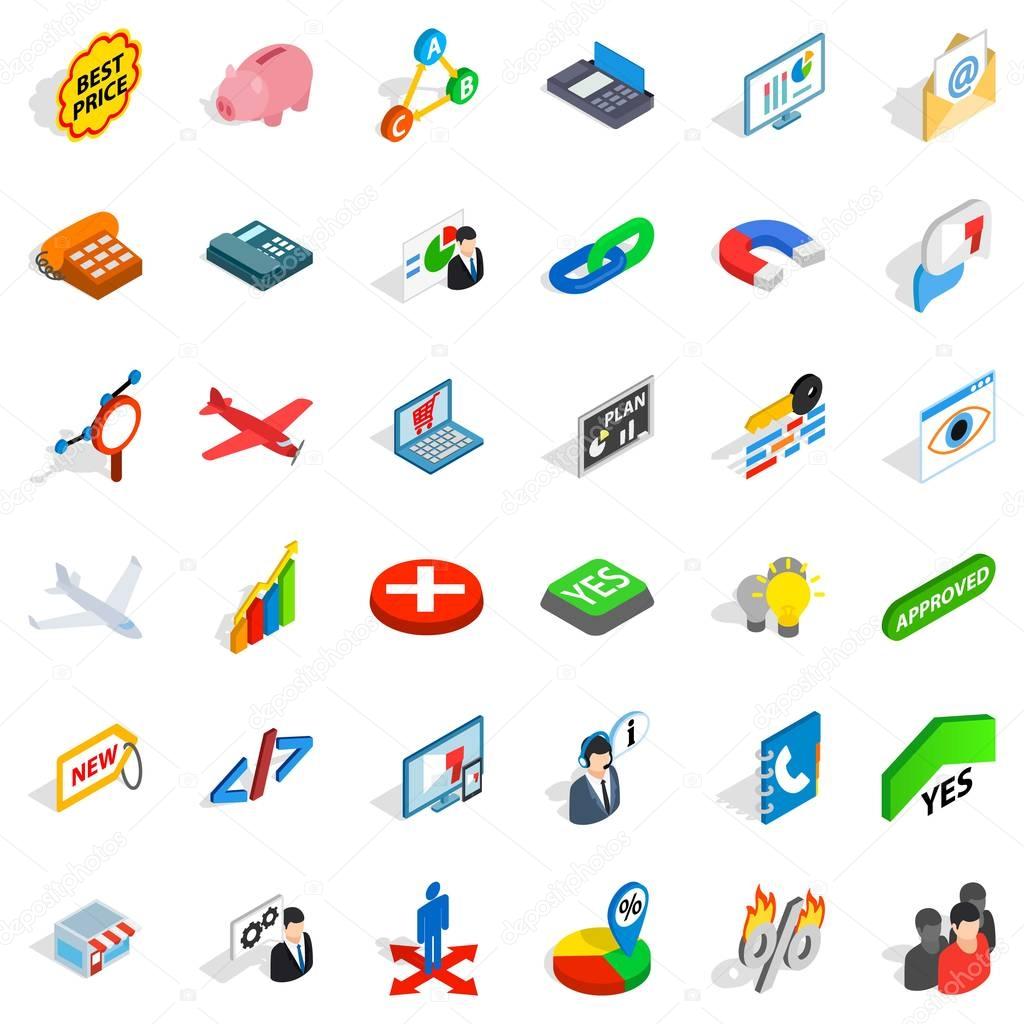 Case icons set. Isometric style of 36 case vector icons for web isolated on white background