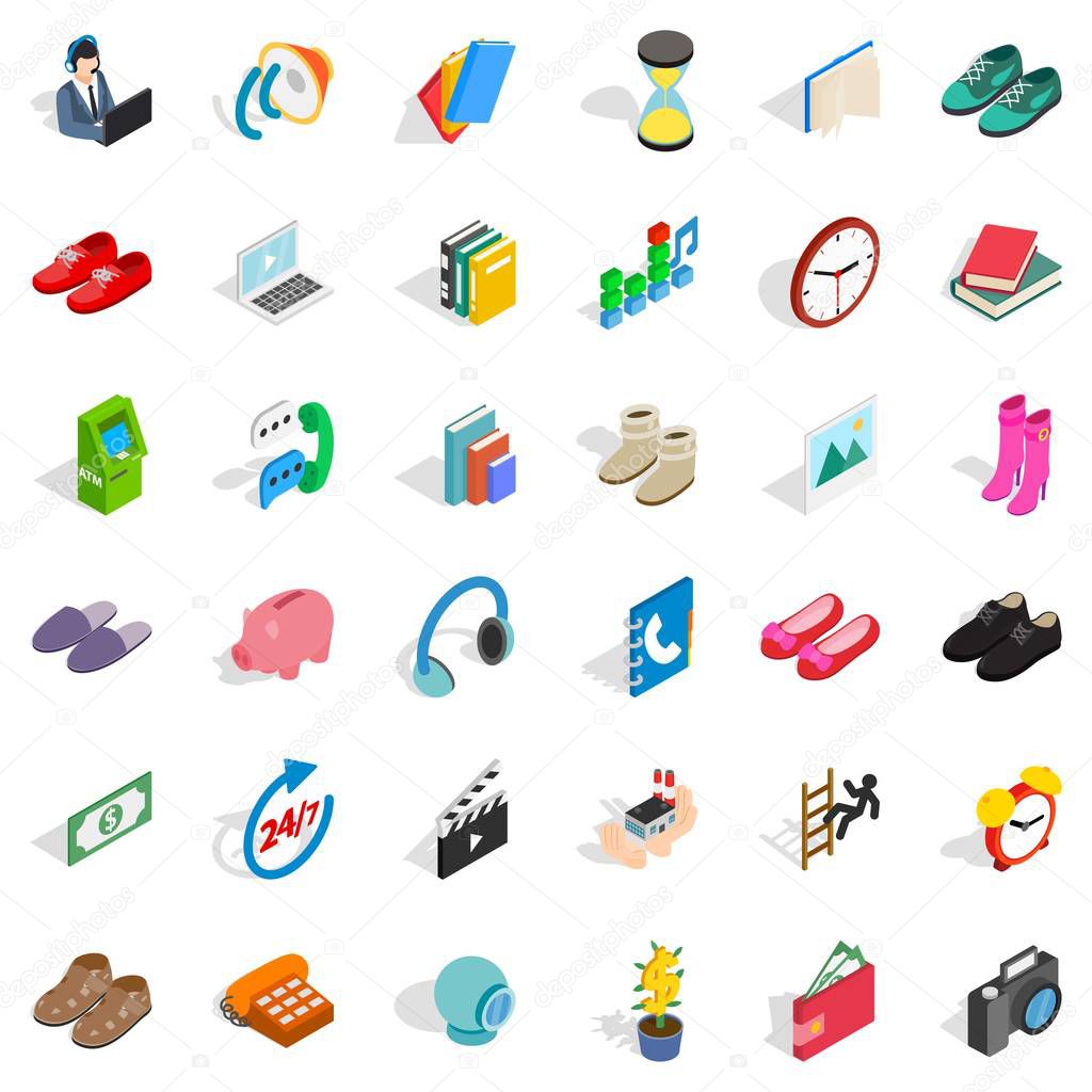Donation icons set. Isometric style of 36 donation vector icons for web isolated on white background
