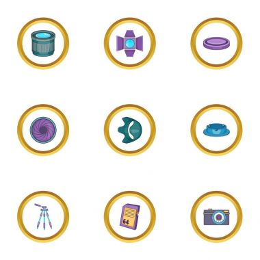 Fotoğraf makinesi aksesuarları Icons set, karikatür tarzı