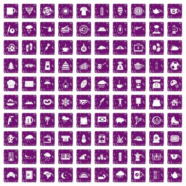 100 kahve Kupası simgeler grunge mor ayarla