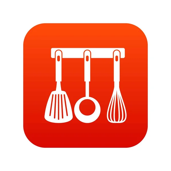 Espátula, cucharón y batidor, utensilios de cocina icono digital rojo — Vector de stock