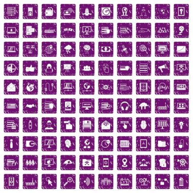 100 siber güvenlik simgeleri grunge mor ayarla